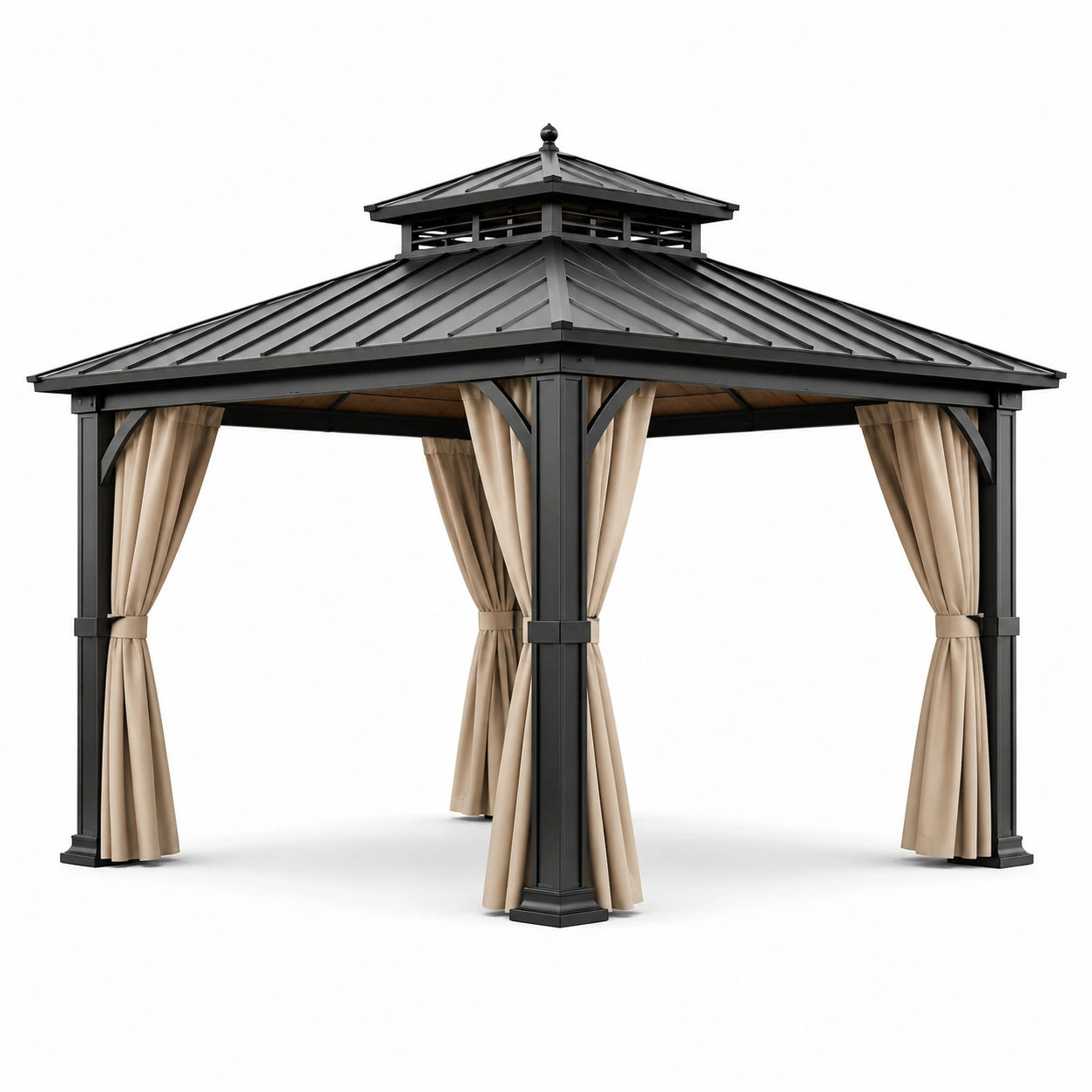 Metall Gartenpavillon 3x3m Schwarz mit Polyester-Vorhängen