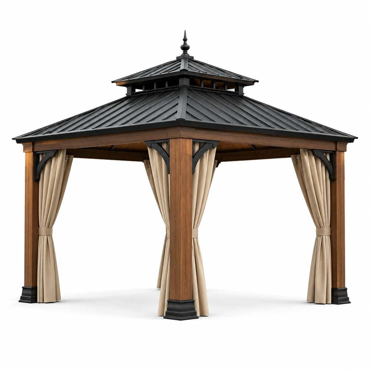 Pavillon aus Zedernholz und Stahl mit Vorhängen