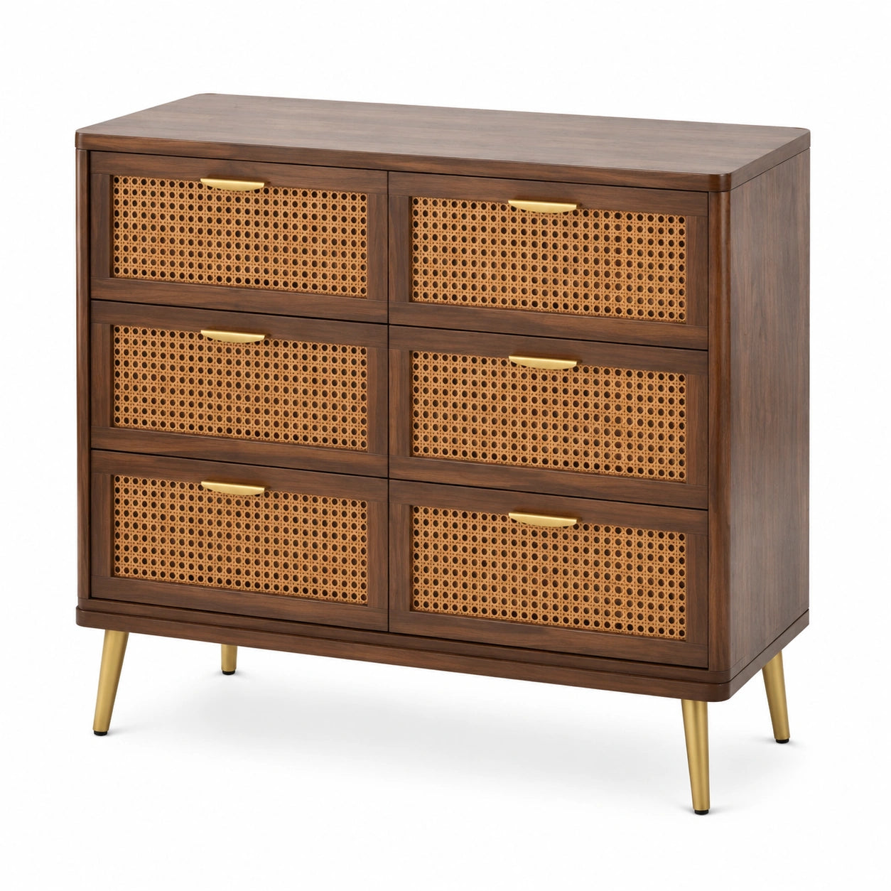 Holzschubladenschrank mit 6 Rattanfronten in Braun und Gold